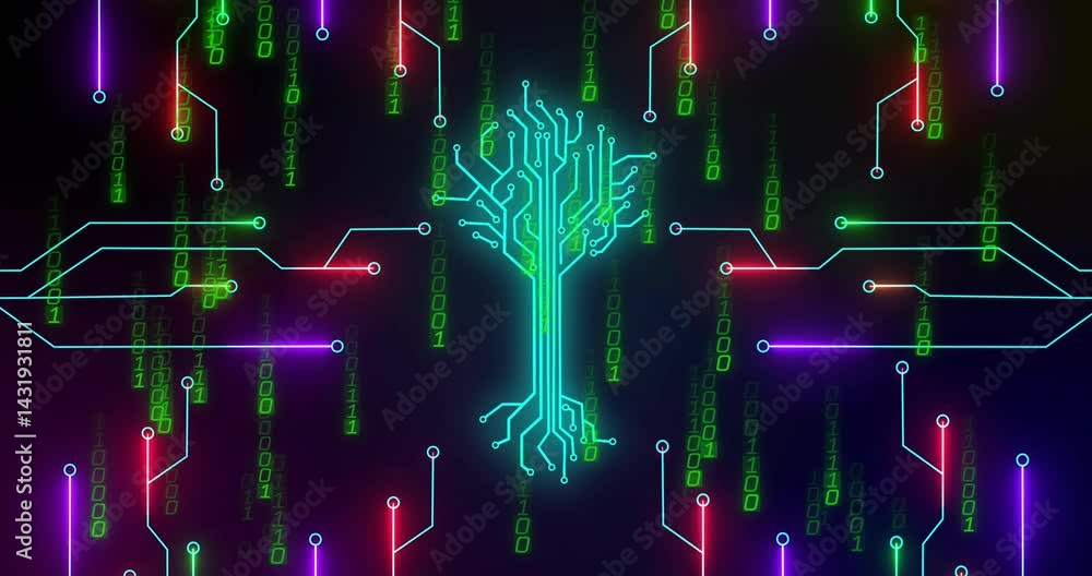 Poster neon-blue circuit tree glowing and branching upward in abstract scene, with cascading binary digits