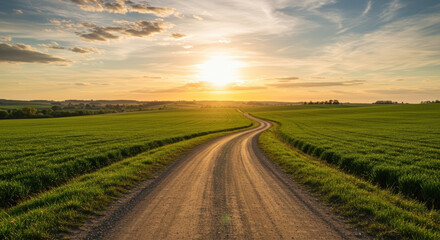 Fototapeta premium Country dirt road winding through green wheat fields at golden sunset. Rural landscape photography. Agricultural farmland scenery. Journey path concept. Countryside tranquility. Nature exploration.