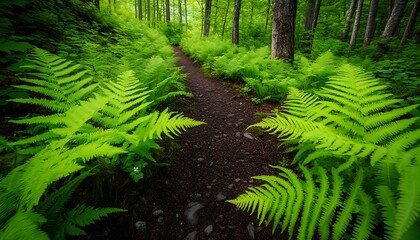 Fototapeta premium Lush Ferns Flourishing Verdant fronds stretching skyward along forest path in natural