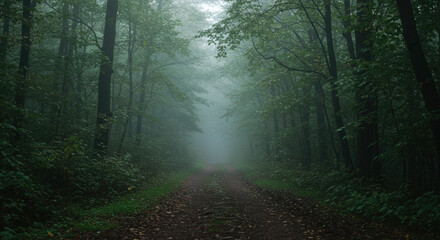 Fototapeta premium Misty forest path with fallen autumn leaves and foggy atmosphere. Mysterious woodland scenery. Natural environment. Hiking trail adventure. Tranquil wilderness exploration. Moody landscape composition