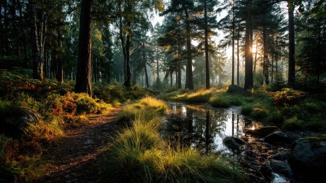 Serene morning hike along a dew-covered path in Latvian forest near sparkling creek