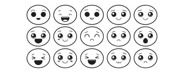 Facial Expressions Set &ndash; Minimalist Black & White Emoji-Style Faces with Varied Emotions