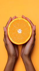 Hands gracefully holding a fresh peeled orange on vibrant yellow background