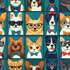 Stylish Pets Fashionable Canine and Feline Collection: A Grid of Adorable Animals in Glasses and Bows