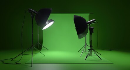 a studio lighting setup on a green background