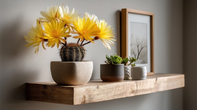 Neat Notocactus ottonis with yellow flowers on a minimalist floating shelf
