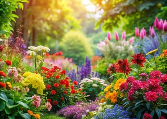 Fototapeta premium Vibrant Blooming Garden: Lush Colorful Flowers & Foliage - Stock Photo