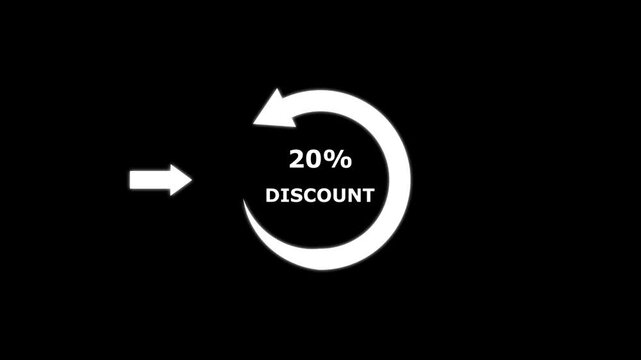 Abstract white arrow indicator isolated circle persent and discount, less, upto, text animation on black background. Sale, 20% off discount. animation for e-commerce and online shop in 4K resolution.
