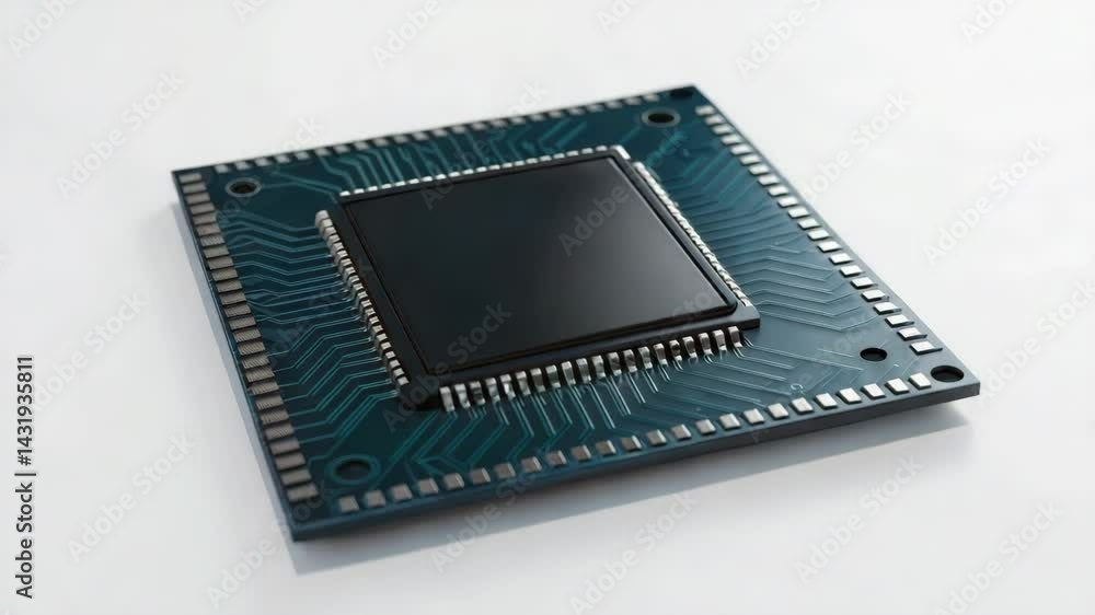 Poster a 3d-rendered ai chip for sound processing, showcasing advanced technology concepts in digital desig