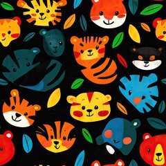 Vibrant Tiger Cub Jungle Pattern: Colorful Cartoon Animals Seamless Design