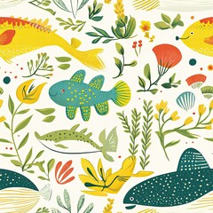 Naklejka premium Vibrant Underwater World: A whimsical illustration featuring colorful fish and aquatic plants