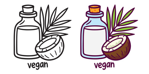 Hand-drawn coconut milk bottle with tropical leaves and fruit. Vegan plant-based drink. Isolated on white background