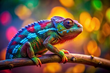 Fototapeta premium Vibrant Chameleon on Colorful Branch - Exotic Reptile Stock Photo