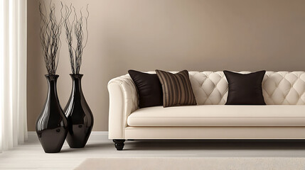 Contemporary living room with black sculptural decor, cozy neutral textiles, and abstract artwork in warm earth tones.