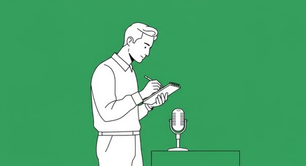 Podcast concept art with hand-drawn character taking notes near microphone