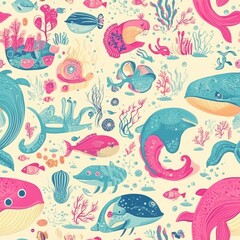 Whimsical Underwater World: Vibrant Fish, Whales, and Coral Reef Seamless Pattern