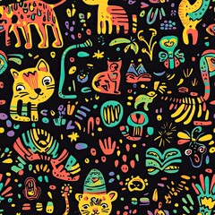 Vibrant Colorful Animal Pattern: A Seamless Textile Design Featuring Cats, Tigers, and Abstract Shapes