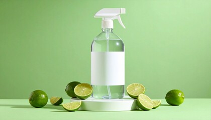A big see-thru home cleaning spray bottle filled with see thru liquid on a pedestal with sliced limes surrounding the spray bottle with a green color background; mock up for ads and commercials