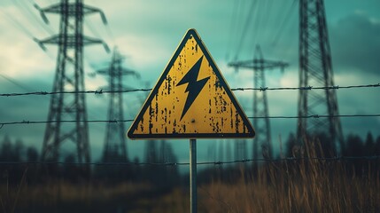 Warning sign electricity hazard near power lines rural landscape gigapixel image cautionary concept