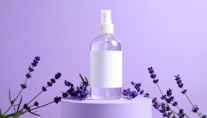 A big see-thru home cleaning spray bottle that is blank and no label on a pedestal with lavender flowers surrounding the spray bottle with a lavender color background; mock up for ads and commercials