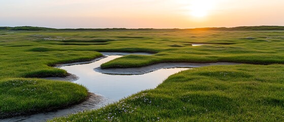 Serene Grassy Wetland Reflects Golden Sunset in Calm Natural Landscape, Peaceful