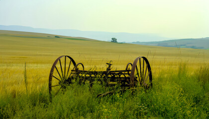 An old plow overgrown with grass at the edge of a field