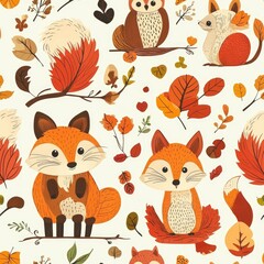Adorable Autumn Forest Friends Seamless Pattern: Foxes, Owls, and Squirrel in Vibrant Fall Colors