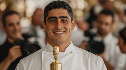 Celebrating culinary excellence chef in white uniform wins gold award at competition