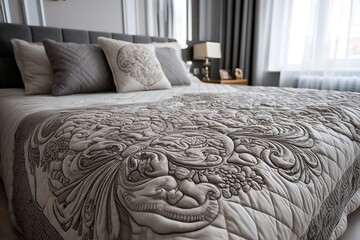 Detailed view of a luxurious quilted bedspread with intricate patterns, spread across a modern bed in a bright and airy bedroom.