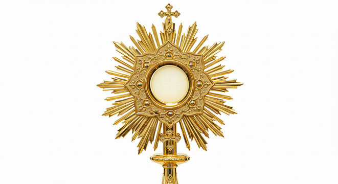 Golden monstrance isolated on white background, Catholic religious symbol.