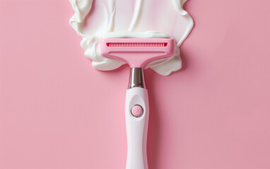 Beauty product composition with an electric razor surrounded by shaving foam on pastel pink background, focusing on feminine grooming and skincare.