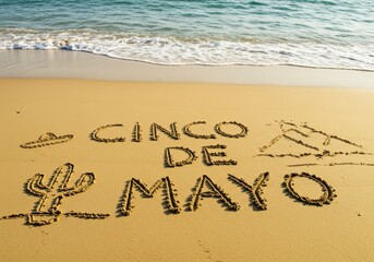 Fototapeta premium Cinco de Mayo message etched in sand on a sun-kissed beach, next to the ocean waves.