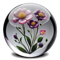 A crystal-clear glass sphere encapsulates delicate pink and purple flowers with green leaves, creating a stunning, lifelike floral design that appears elegantly suspended in time.
