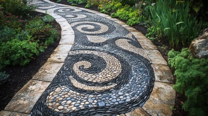 Stone pathway with swirl mosaic design winds through a garden with green plants.