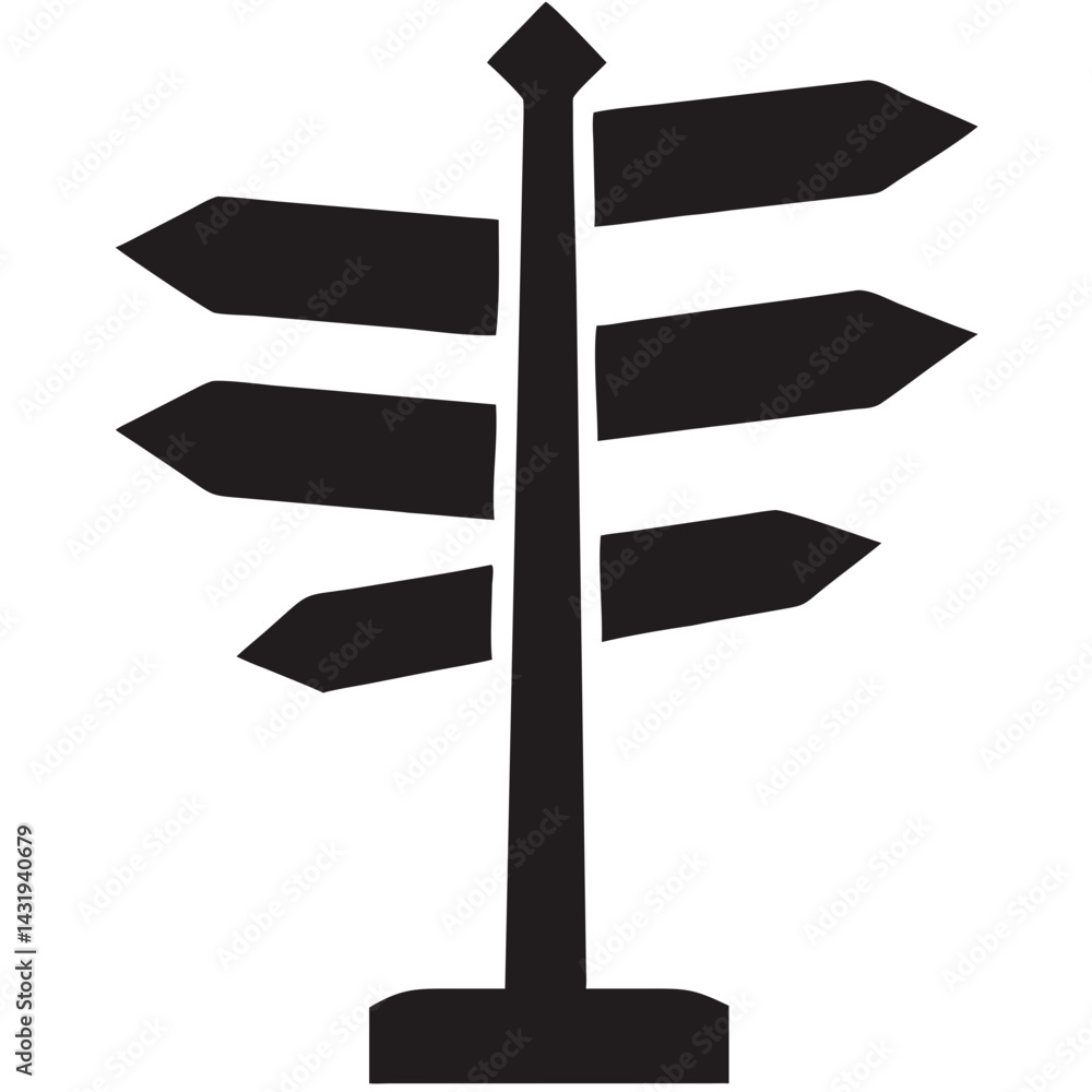 Poster a weathered signpost standing tall, pointing towards multiple unknown paths, symbolizing life's many