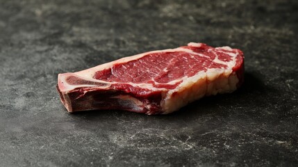Obraz premium A large raw beef steak with marbled fat resting on a wooden cutting board, ready for grilling or cooking