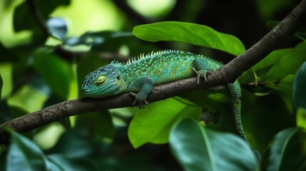 Fototapeta premium Green chameleon rests on a tree branch among green leaves