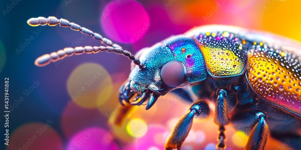 Poster a vibrant close-up of a colorful insect capturing intricate details. the shiny body displays bright 