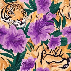 Vibrant Tiger and Tropical Floral Paradise: A Luxurious Textile Design