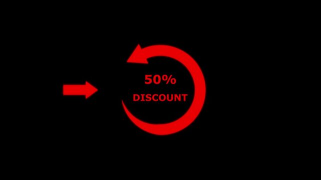 Abstract red arrow indicator isolated circle persent and discount, less, upto, text animation on black background. Sale, 50% off discount. animation for e-commerce and online shop in 4K resolution.