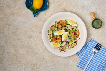 Salad of fresh cucumber, radish and eggs with seafood in a ceramic plate on a light concrete background. Salad recipes.