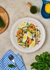 Salad of fresh cucumber, radish and eggs with seafood in a ceramic plate on a light concrete background. Salad recipes.