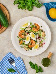 Salad of fresh cucumber, radish and eggs with seafood in a ceramic plate on a light concrete background. Salad recipes.