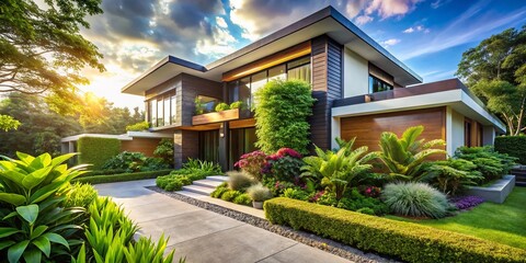 Vibrant Modern Home, Lush Garden, High Depth of Field Stock Photo