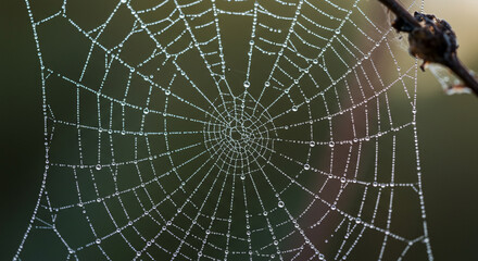 Obraz premium Delicate spiderweb adorned with shimmering dewdrops, glistening in the dim light