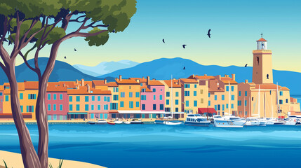 Fototapeta premium Cityscape of Saint Tropez en France, touristic advertisement poster. Beautiful touristic must-see city, wonderful must-see tourist destination in Europe. South coast of France.