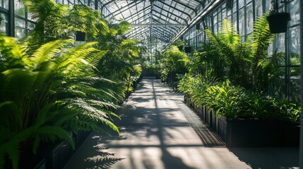 Obraz premium Lush green fern leaves with intricate patterns details in greenhouse