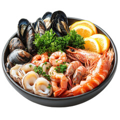 Bowl of assorted seafood and mussels with shells, shrimp, and octopus, isolated on transparent background.