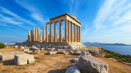 Fototapeta premium The ancient ruins of the Temple of Poseidon at Cape Sounion, ancient Greek monument with historical pillars