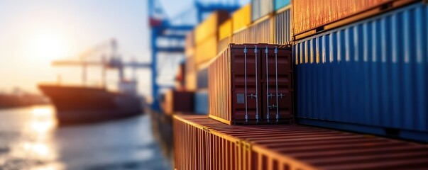 Stacked cargo containers at sunset shipping and logistics global trade and transportation